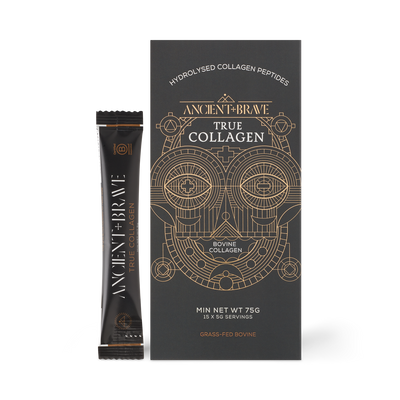 true collagen sachet by Ancient + Brave featured in a black box with gold lettering and image